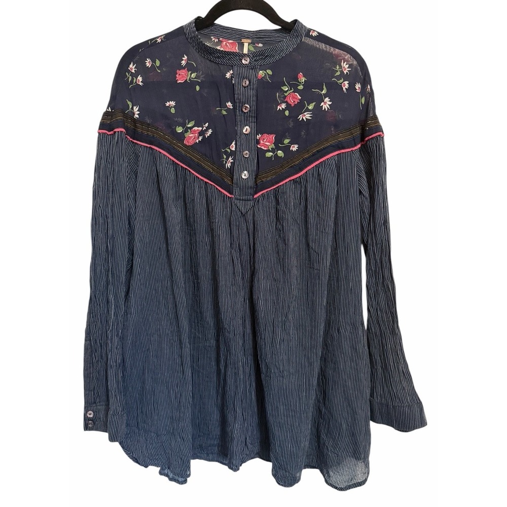 Free People Hearts & Colors Top Navy Blue Boho Women's Size Large